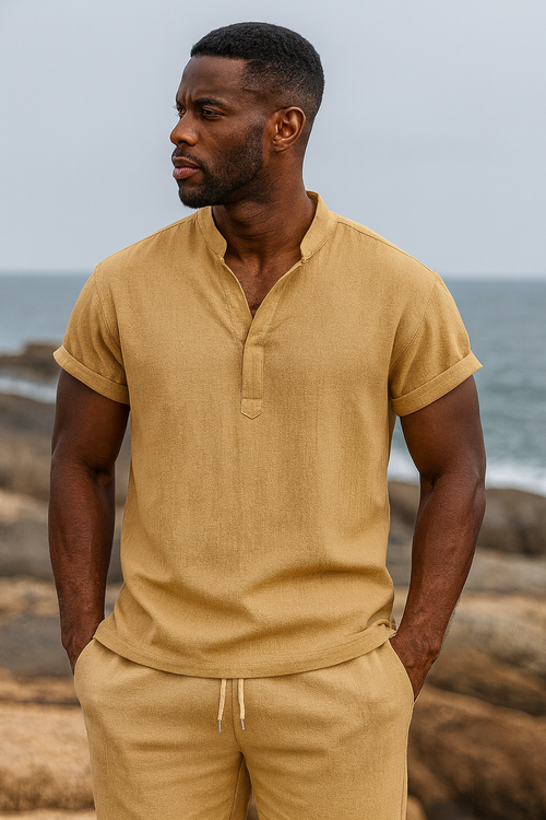 Men's Casual Outfit Set, Polyester Blend, V-Neck, Pockets, Regular Fit, Machine Washable, No Print