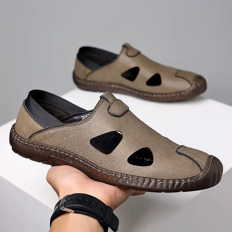 Summer new men's high-quality leather breathable and durable sandals hollow casual shoes