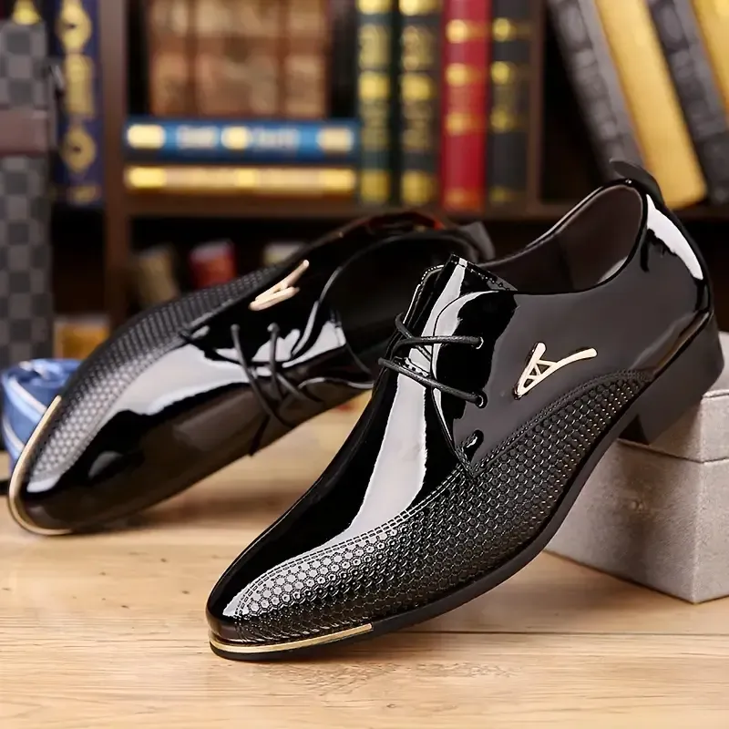 Plus Size Men's Solid Colour Plain Toe Faux Patent Leather Upper Dress Shoes, Comfy Non Slip Durable Rubber Sole Formal Shoes