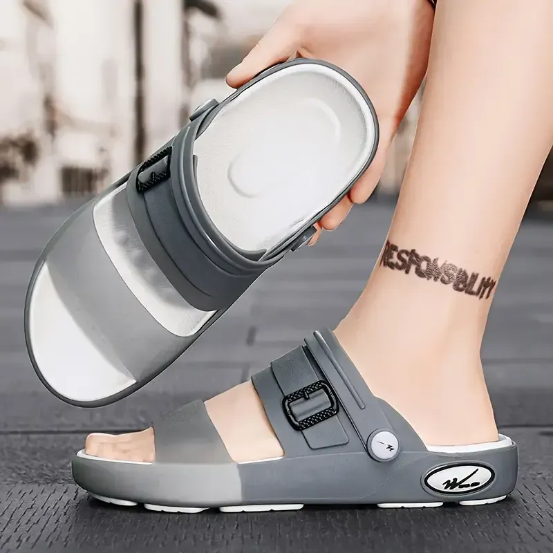 Men's Trendy Color Block Open Toe Breathable Sandals With Buckle Straps, Comfy Non Slip Casual Durable EVA Sole Beach Water Shoes