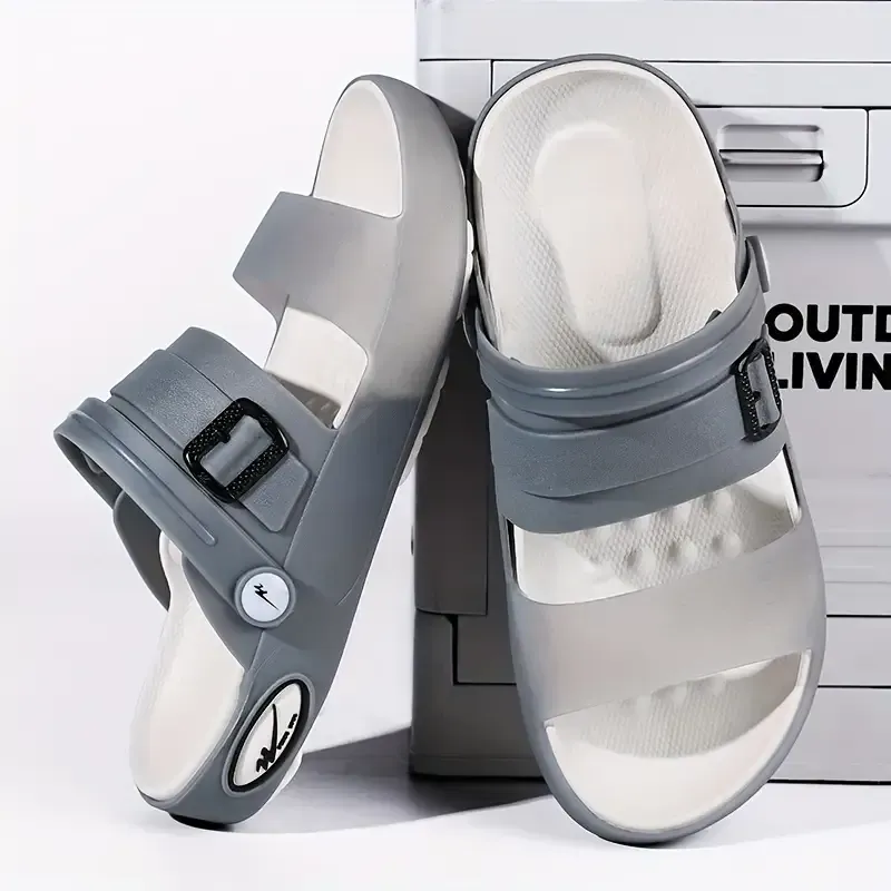 Men's Trendy Color Block Open Toe Breathable Sandals With Buckle Straps, Comfy Non Slip Casual Durable EVA Sole Beach Water Shoes