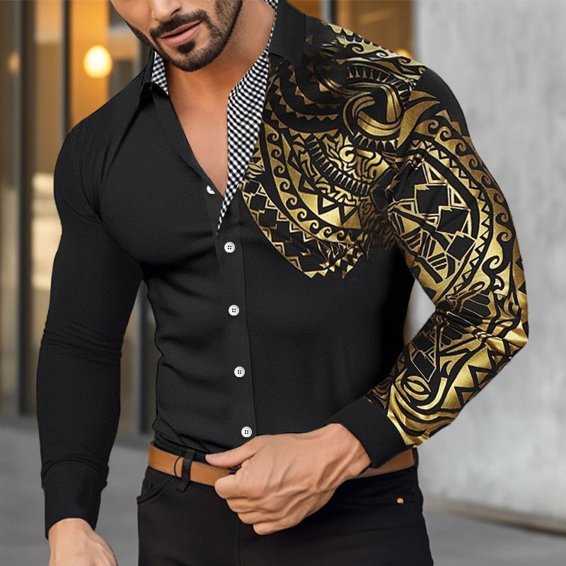 2025 New Fashion Men's 3D Printed Shirt European Size Slim Lapel European and American Men's Long Sleeve Shirt