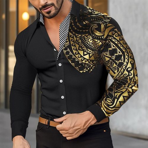 2025 New Fashion Men's 3D Printed Shirt European Size Slim Lapel European and American Men's Long Sleeve Shirt