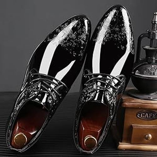 Men's Glossy Derby Shoes, Lace-up Front Dress Shoes For Men, Business Formal Wedding Black Tie Optional Events