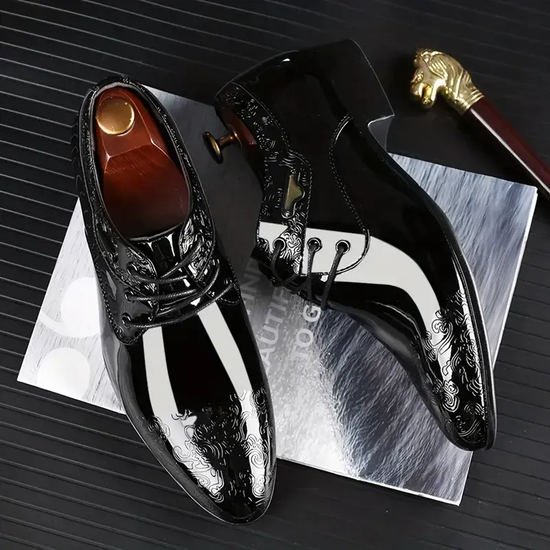 Men's Glossy Derby Shoes, Lace-up Front Dress Shoes For Men, Business Formal Wedding Black Tie Optional Events