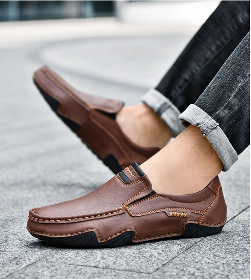 Hollow hand-stitched men's shoes outdoor casual shoes slip-on flat leather shoes low-top large size