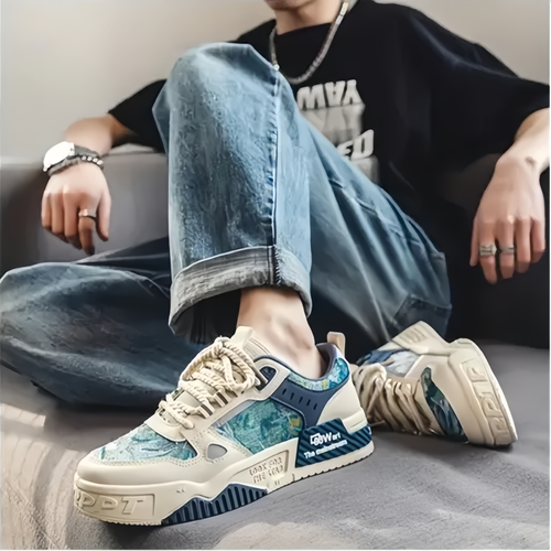 Men's Alphabet Print Trendy Skate Shoes With PU Leather Uppers, Wear-resistant Non Slip Lace-up Casual Sneakers For Outdoor, Men's Street Style Footwear