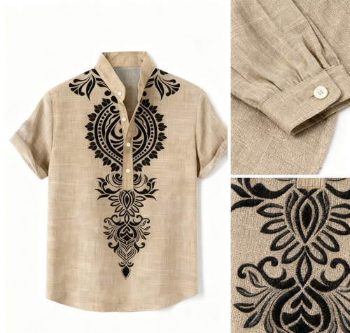 Men's shirt digital 3D printed linen short-sleeved summer retro fashion short-sleeved shirt