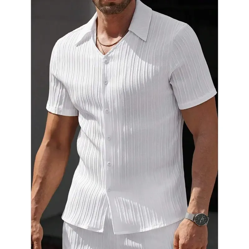 Men's Striped Short Sleeve Shirt Button-Down Lapel Suit