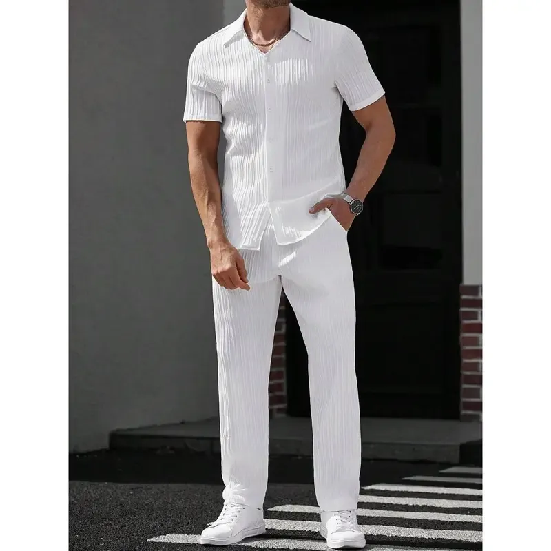 Men's Striped Short Sleeve Shirt Button-Down Lapel Suit