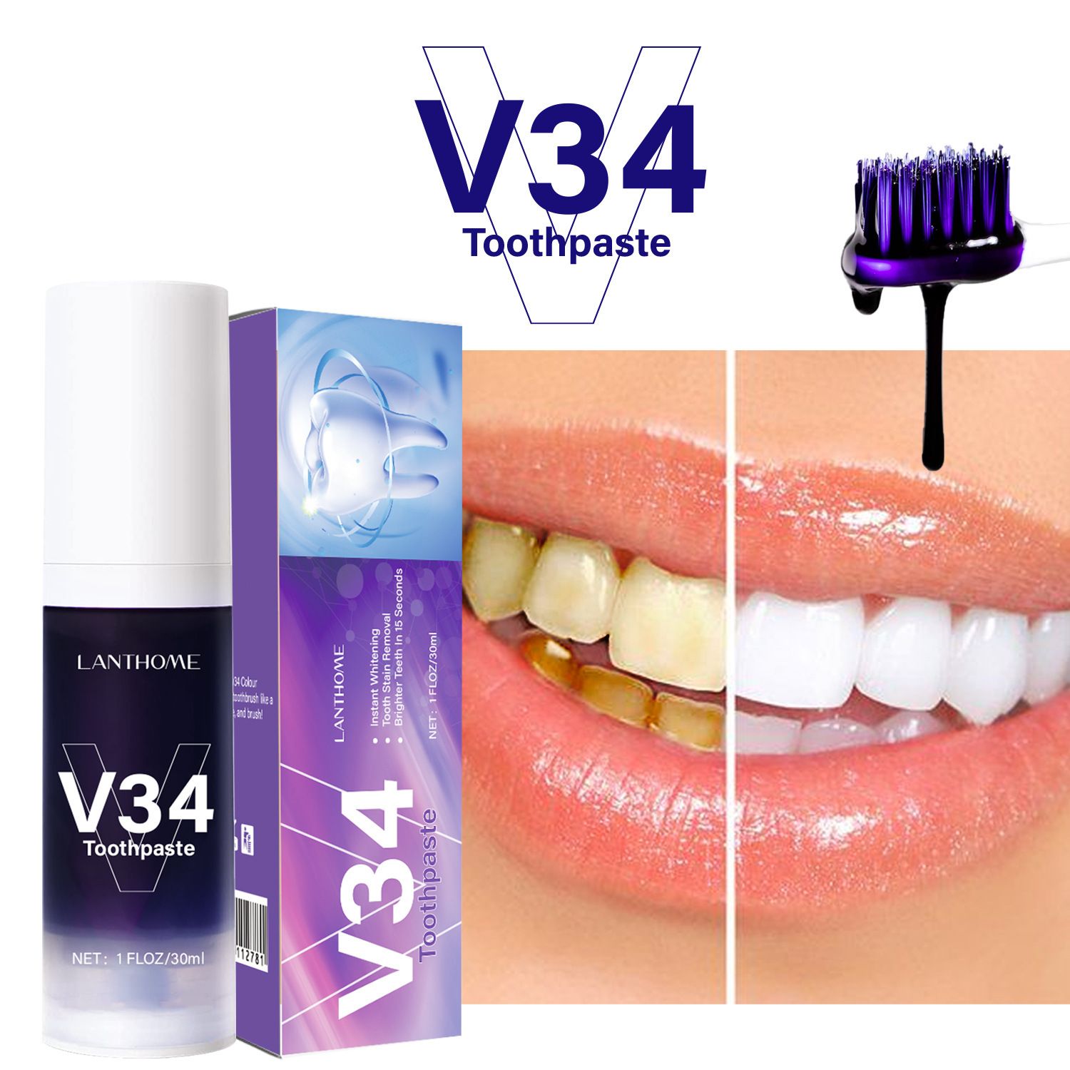 New V34 toothpaste (30ml) removes tobacco stains, whitens teeth, and freshens teeth.