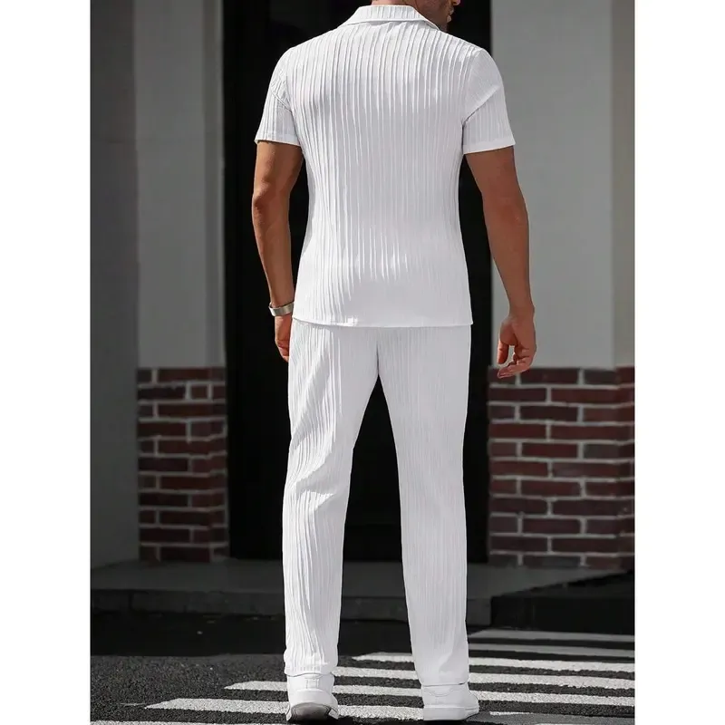 Men's Striped Short Sleeve Shirt Button-Down Lapel Suit