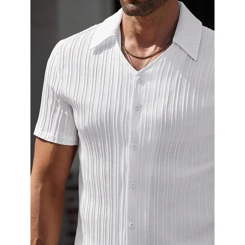 Men's Striped Short Sleeve Shirt Button-Down Lapel Suit