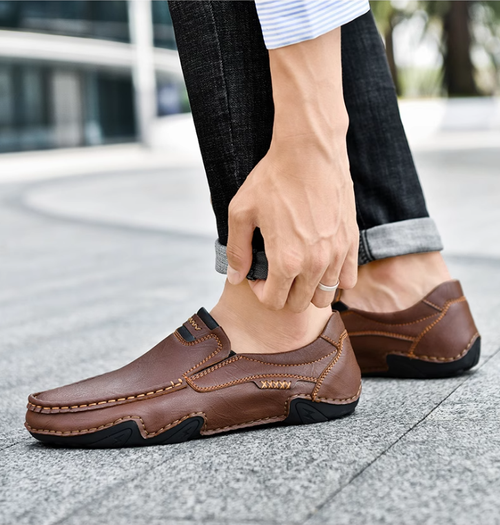 Hollow hand-stitched men's shoes outdoor casual shoes slip-on flat leather shoes low-top large size