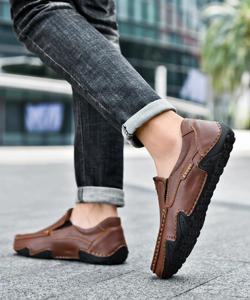 Hollow hand-stitched men's shoes outdoor casual shoes slip-on flat leather shoes low-top large size
