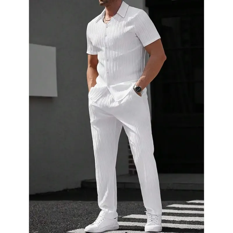 Men's Striped Short Sleeve Shirt Button-Down Lapel Suit