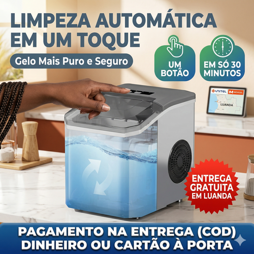 GELO PRONTO EM APENAS 6 MINUTOS! 🧊🚀 Chega de bebidas quentes no calor de Luanda! Esquece a chatice de procurar gelo na rua ou esperar horas pelo congelador. ☀️ Com esta Máquina Automática, tens gelo fresco e cristalino sempre à mão, num abrir e fechar de olhos! É super rápida, compacta e ainda tem função de autolimpeza fácil. 🧼✨ Ideal para refrescar os teus sumos, cocktails ou aquela cerveja bem gelada no ponto! 🍻