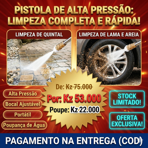 🚀 LAVADORA DE ALTA PRESSÃO SEM FIO: A SOLUÇÃO DEFINITIVA PARA LIMPEZA EM LUANDA! 🇦🇴💦  Liberte-se dos cabos com a nossa Pistola de Limpeza Super Potente de 60 Bar! 🔋 Equipada com motor de cobre puro e bateria de lítio de longa duração, é perfeita para lavar o carro, regar o jardim ou limpar o quintal com total versatilidade e rapidez. 🚗🏡 Inclui 3 bicos ajustáveis para jacto directo, leque ou espuma! 🧼✨
