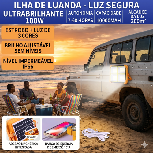 💡 Super Refletor Solar Inteligente 4 em 1 para Luanda: Iluminação Total com CUSTO ZERO de Energia o Ano Todo! Perfeito para Campismo, Reparações, Casa e Emergências (SOS) com 4 Modos de Luz, Power Bank Integrado e Proteção IP66 contra Chuva ☀️⛺🛠️🚨🇦🇴