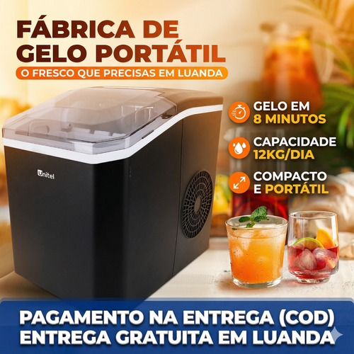 GELO PRONTO EM APENAS 6 MINUTOS! 🧊🚀 Chega de bebidas quentes no calor de Luanda! Esquece a chatice de procurar gelo na rua ou esperar horas pelo congelador. ☀️ Com esta Máquina Automática, tens gelo fresco e cristalino sempre à mão, num abrir e fechar de olhos! É super rápida, compacta e ainda tem função de autolimpeza fácil. 🧼✨ Ideal para refrescar os teus sumos, cocktails ou aquela cerveja bem gelada no ponto! 🍻