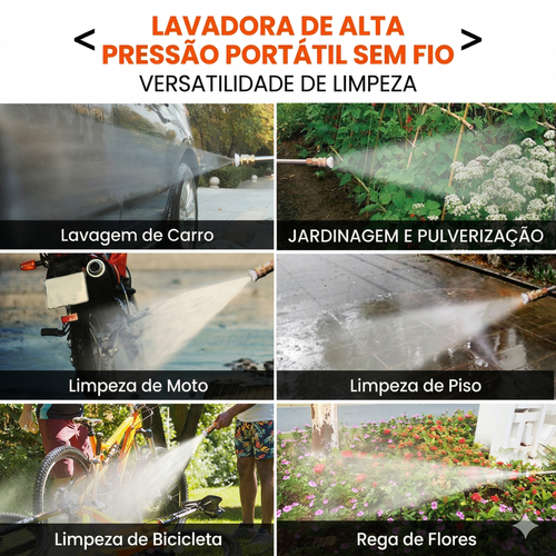 🚀 LAVADORA DE ALTA PRESSÃO SEM FIO: A SOLUÇÃO DEFINITIVA PARA LIMPEZA EM LUANDA! 🇦🇴💦  Liberte-se dos cabos com a nossa Pistola de Limpeza Super Potente de 60 Bar! 🔋 Equipada com motor de cobre puro e bateria de lítio de longa duração, é perfeita para lavar o carro, regar o jardim ou limpar o quintal com total versatilidade e rapidez. 🚗🏡 Inclui 3 bicos ajustáveis para jacto directo, leque ou espuma! 🧼✨