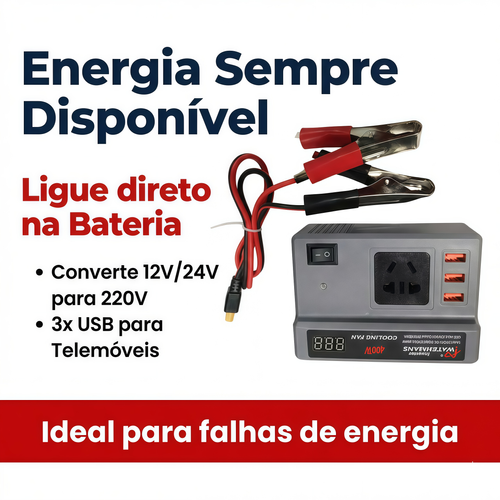 Inversor de Potencia 400W 12V 24V para 220V com 3 USB e Tomada Universal para Carro e Casa