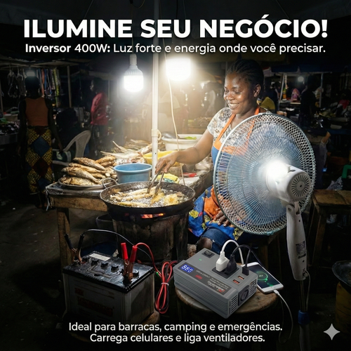Inversor de Potencia 400W 12V 24V para 220V com 3 USB e Tomada Universal para Carro e Casa