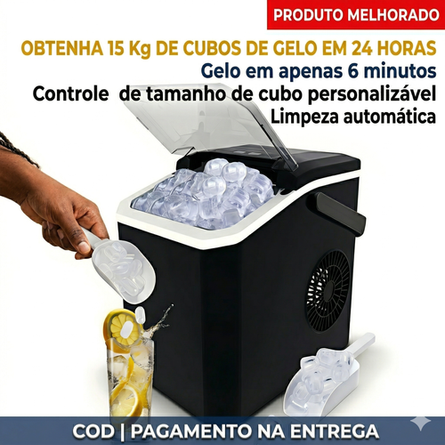 GELO PRONTO EM APENAS 6 MINUTOS! 🧊🚀 Chega de bebidas quentes no calor de Luanda! Esquece a chatice de procurar gelo na rua ou esperar horas pelo congelador. ☀️ Com esta Máquina Automática, tens gelo fresco e cristalino sempre à mão, num abrir e fechar de olhos! É super rápida, compacta e ainda tem função de autolimpeza fácil. 🧼✨ Ideal para refrescar os teus sumos, cocktails ou aquela cerveja bem gelada no ponto! 🍻