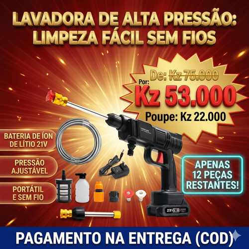 🚀 LAVADORA DE ALTA PRESSÃO SEM FIO: A SOLUÇÃO DEFINITIVA PARA LIMPEZA EM LUANDA! 🇦🇴💦  Liberte-se dos cabos com a nossa Pistola de Limpeza Super Potente de 60 Bar! 🔋 Equipada com motor de cobre puro e bateria de lítio de longa duração, é perfeita para lavar o carro, regar o jardim ou limpar o quintal com total versatilidade e rapidez. 🚗🏡 Inclui 3 bicos ajustáveis para jacto directo, leque ou espuma! 🧼✨
