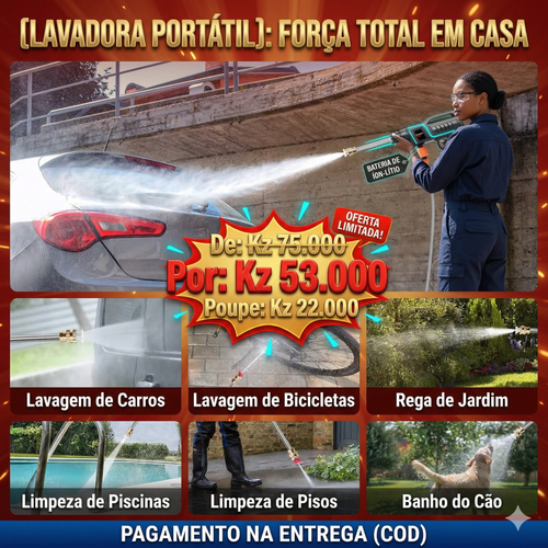 🚀 LAVADORA DE ALTA PRESSÃO SEM FIO: A SOLUÇÃO DEFINITIVA PARA LIMPEZA EM LUANDA! 🇦🇴💦  Liberte-se dos cabos com a nossa Pistola de Limpeza Super Potente de 60 Bar! 🔋 Equipada com motor de cobre puro e bateria de lítio de longa duração, é perfeita para lavar o carro, regar o jardim ou limpar o quintal com total versatilidade e rapidez. 🚗🏡 Inclui 3 bicos ajustáveis para jacto directo, leque ou espuma! 🧼✨
