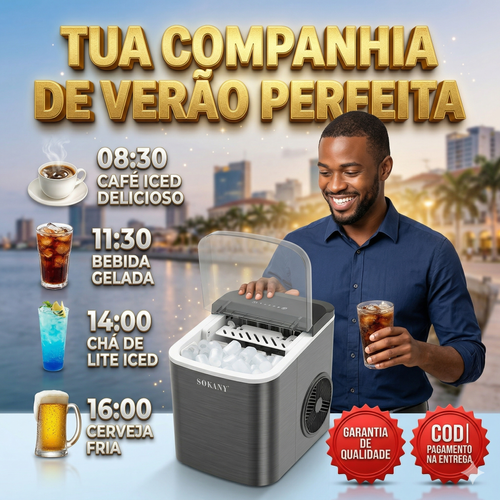GELO PRONTO EM APENAS 6 MINUTOS! 🧊🚀 Chega de bebidas quentes no calor de Luanda! Esquece a chatice de procurar gelo na rua ou esperar horas pelo congelador. ☀️ Com esta Máquina Automática, tens gelo fresco e cristalino sempre à mão, num abrir e fechar de olhos! É super rápida, compacta e ainda tem função de autolimpeza fácil. 🧼✨ Ideal para refrescar os teus sumos, cocktails ou aquela cerveja bem gelada no ponto! 🍻
