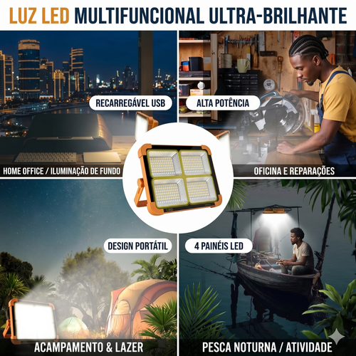 💡 Super Refletor Solar Inteligente 4 em 1 para Luanda: Iluminação Total com CUSTO ZERO de Energia o Ano Todo! Perfeito para Campismo, Reparações, Casa e Emergências (SOS) com 4 Modos de Luz, Power Bank Integrado e Proteção IP66 contra Chuva ☀️⛺🛠️🚨🇦🇴