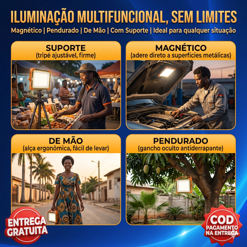 💡 Super Refletor Solar Inteligente 4 em 1 para Luanda: Iluminação Total com CUSTO ZERO de Energia o Ano Todo! Perfeito para Campismo, Reparações, Casa e Emergências (SOS) com 4 Modos de Luz, Power Bank Integrado e Proteção IP66 contra Chuva ☀️⛺🛠️🚨🇦🇴