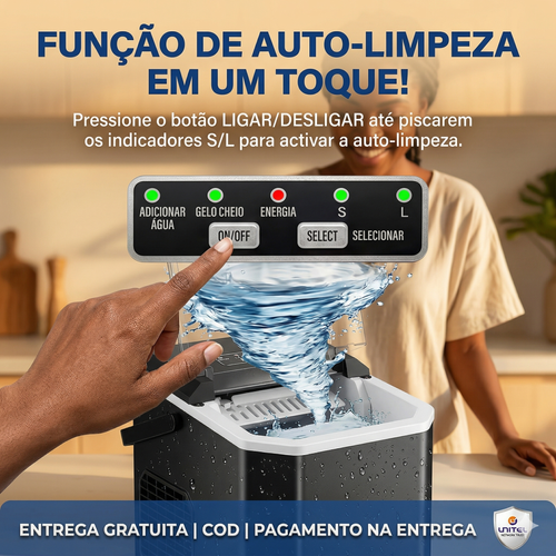 GELO PRONTO EM APENAS 6 MINUTOS! 🧊🚀 Chega de bebidas quentes no calor de Luanda! Esquece a chatice de procurar gelo na rua ou esperar horas pelo congelador. ☀️ Com esta Máquina Automática, tens gelo fresco e cristalino sempre à mão, num abrir e fechar de olhos! É super rápida, compacta e ainda tem função de autolimpeza fácil. 🧼✨ Ideal para refrescar os teus sumos, cocktails ou aquela cerveja bem gelada no ponto! 🍻