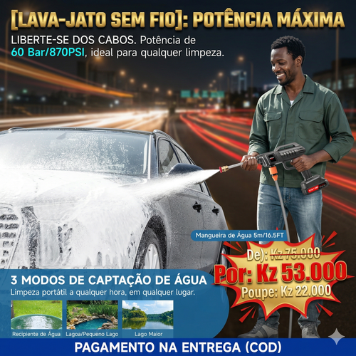 🚀 LAVADORA DE ALTA PRESSÃO SEM FIO: A SOLUÇÃO DEFINITIVA PARA LIMPEZA EM LUANDA! 🇦🇴💦  Liberte-se dos cabos com a nossa Pistola de Limpeza Super Potente de 60 Bar! 🔋 Equipada com motor de cobre puro e bateria de lítio de longa duração, é perfeita para lavar o carro, regar o jardim ou limpar o quintal com total versatilidade e rapidez. 🚗🏡 Inclui 3 bicos ajustáveis para jacto directo, leque ou espuma! 🧼✨