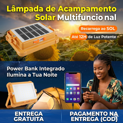 💡 Super Refletor Solar Inteligente 4 em 1 para Luanda: Iluminação Total com CUSTO ZERO de Energia o Ano Todo! Perfeito para Campismo, Reparações, Casa e Emergências (SOS) com 4 Modos de Luz, Power Bank Integrado e Proteção IP66 contra Chuva ☀️⛺🛠️🚨🇦🇴