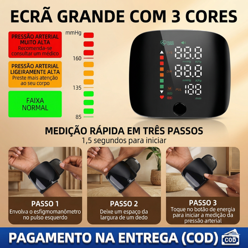 🩺 Monitor de Tensão Arterial de Pulso Digital com Ecrã LED a Cores e Anúncio por Voz 🔊 | Botão Táctil e Memória para 2 Utilizadores 👥 | Bateria Recarregável USB-C de Longa Duração 🔋 | Entrega em Luanda com Pagamento no Acto! 🚚💨 🇦🇴