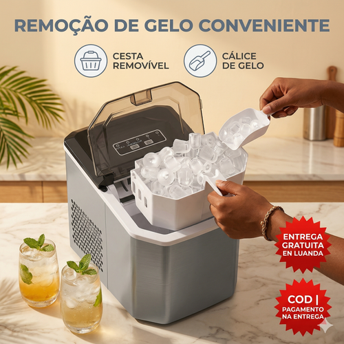 GELO PRONTO EM APENAS 6 MINUTOS! 🧊🚀 Chega de bebidas quentes no calor de Luanda! Esquece a chatice de procurar gelo na rua ou esperar horas pelo congelador. ☀️ Com esta Máquina Automática, tens gelo fresco e cristalino sempre à mão, num abrir e fechar de olhos! É super rápida, compacta e ainda tem função de autolimpeza fácil. 🧼✨ Ideal para refrescar os teus sumos, cocktails ou aquela cerveja bem gelada no ponto! 🍻