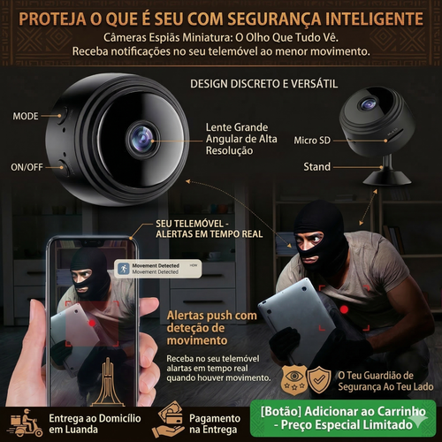 🔥 Mini Câmara A9 – O Teu Mambo Sempre Seguro! 👁️ 1080P Full HD + Visão Noturna 🌙 Segurança no ponto para o teu carro, casa ou escritório! 🚗🏠🏢 Entrega à borla em Luanda e pagas só ao receber! 🛵💰