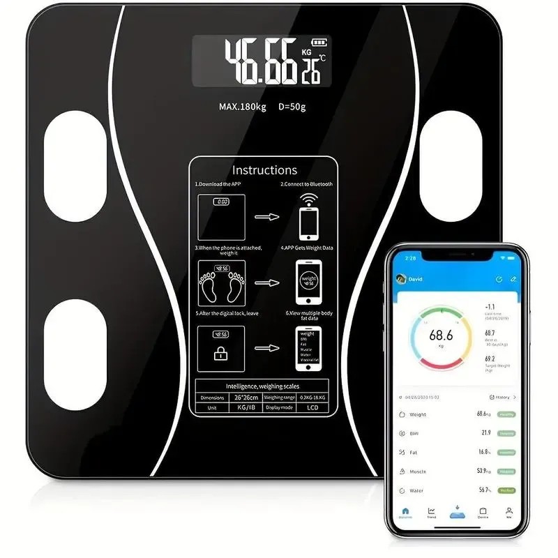 Smart Bluetooth Body Fat Scale with USB Charging, 180kg High Precision Body Composition Monitor for Weight, Fat, Muscle and Water Tracking, Sync with Health Apps