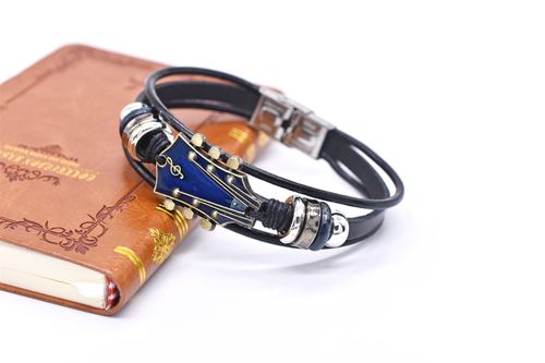 Vintage Guitar Leather Braided Bracelet, Zinc Alloy Music Note Snap Button Bracelet with Stainless Steel Buckle