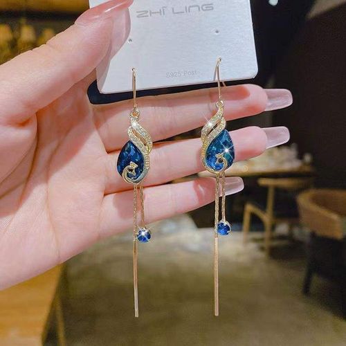 Hypoallergenic faceted blue glass crystal long dangle earrings, retro peacock long tassel earrings