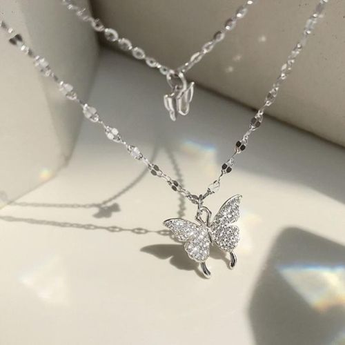 Double Layer Butterfly Necklace with Sparkling Diamonds, 2026 Spring & Summer New Arrival, Versatile Minimalist Clavicle Chain