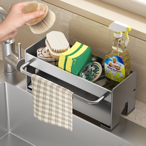 Kitchen Sink Cleaning Rack Metal Draining Artifact with Rod Sponge Wipe Cloth Storage and Steel Ball Rack Draining
