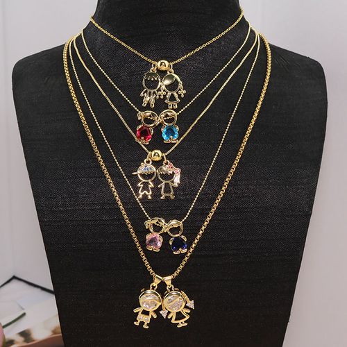 18K Gold Plated, Paved Cubic Zirconia, Exclusive Mother‑Child Pendant Necklace for Mom, Boys and Girls