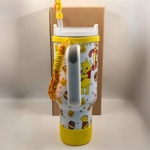 40oz Stainless Steel Tumbler Cup Mugs Yellow Cute Bear Bottle Handle Strap