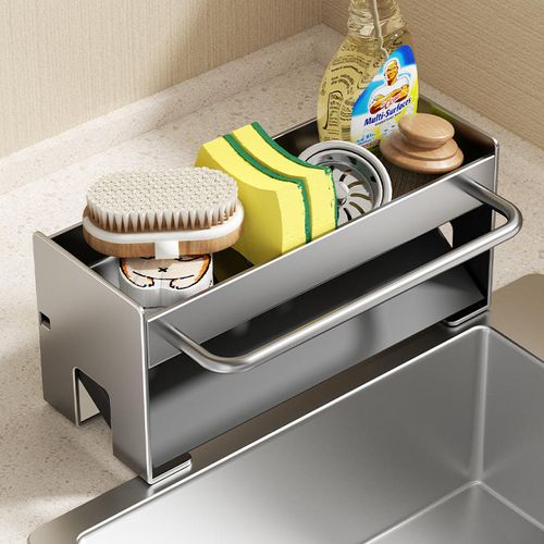 Kitchen Sink Cleaning Rack Metal Draining Artifact with Rod Sponge Wipe Cloth Storage and Steel Ball Rack Draining