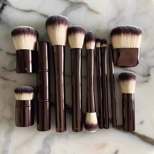 12‑Piece Coffee‑Colored Aluminum Tube Makeup Brush Set, Mushroom‑Head Powder Brush, Non‑Absorbent Makeup Sponge, Soft & Skin‑Friendly, with Storage Bag
