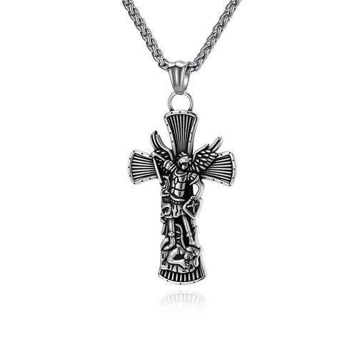 Vintage Distressed Archangel St. Michael Titanium Steel Cross Necklace, Archangel Michael Protective Pendant