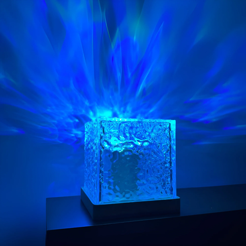 Water Ripple Cube Light, Aurora Ocean Wave Projector Light, Gradient Rotating Night Light with Flame Ripple & Colorful Lighting Effects